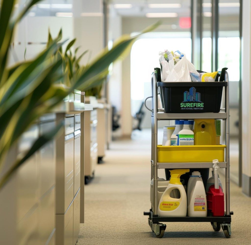 Surefire Janitorial Services cleaning cart in an office hallway