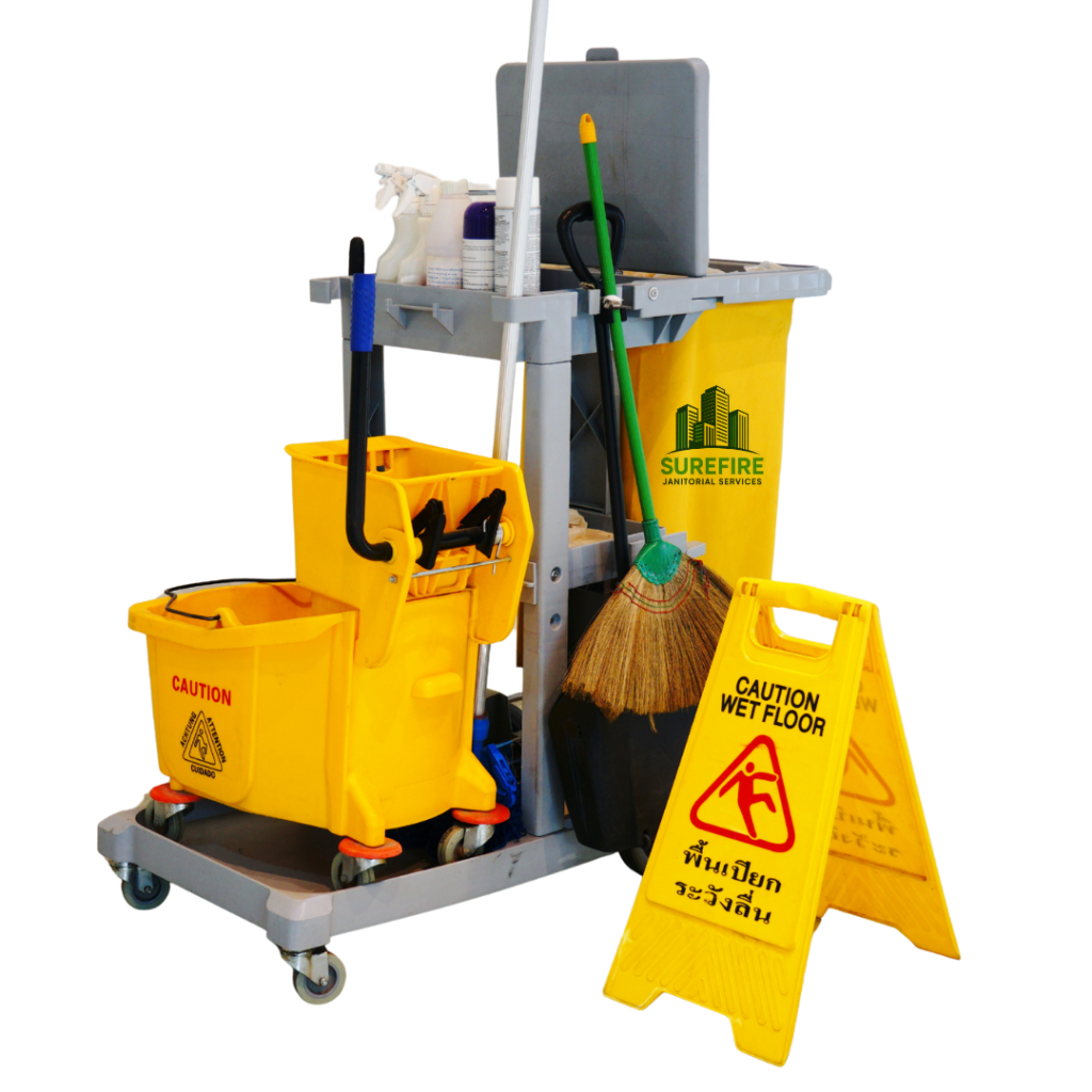 Surefire Janitorial Services janitorial cart with mop bucket and wet floor sign