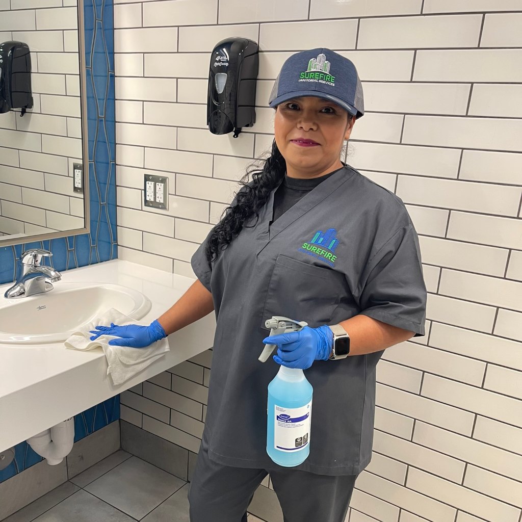 Surefire Janitorial Services team member cleaning a commercial restroom sink