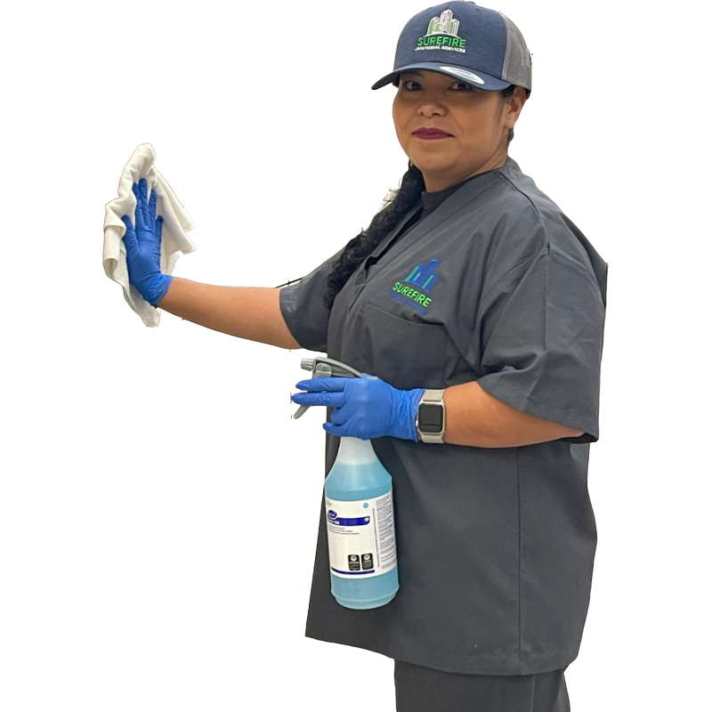 Surefire Janitorial Services team member in uniform with cleaning cloth and spray bottle