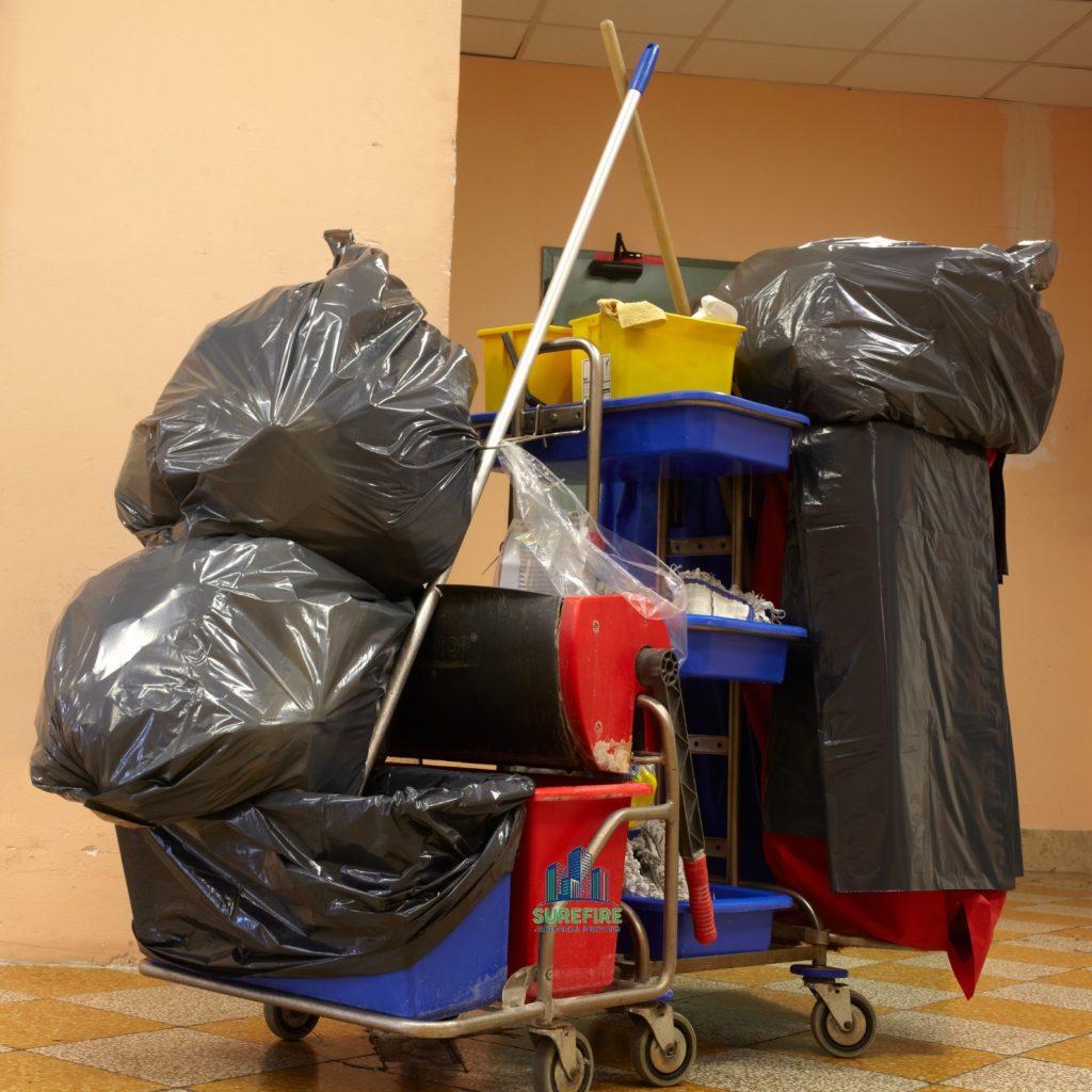Surefire Janitorial Services waste removal cart with trash bags